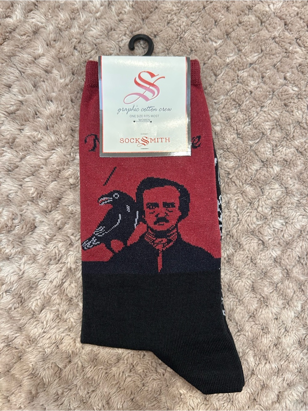 NWT: Socksmith Edgar Allan Poe Red & Black Crew Socks